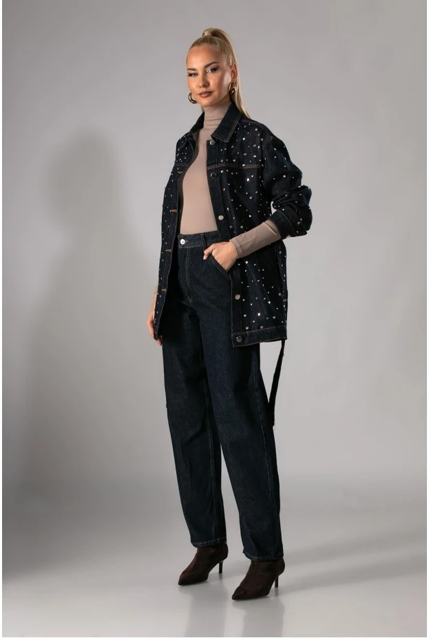 Jean jacket με τρουκς και ζώνη μπλε