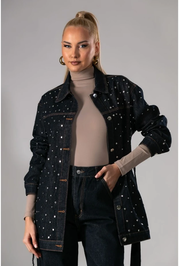 Jean jacket με τρουκς και ζώνη μπλε