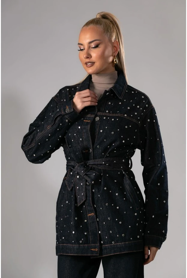 Jean jacket με τρουκς και ζώνη μπλε