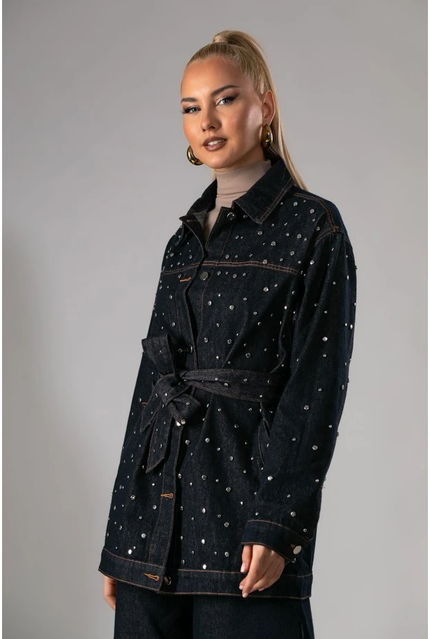 Jean jacket με τρουκς και ζώνη μπλε