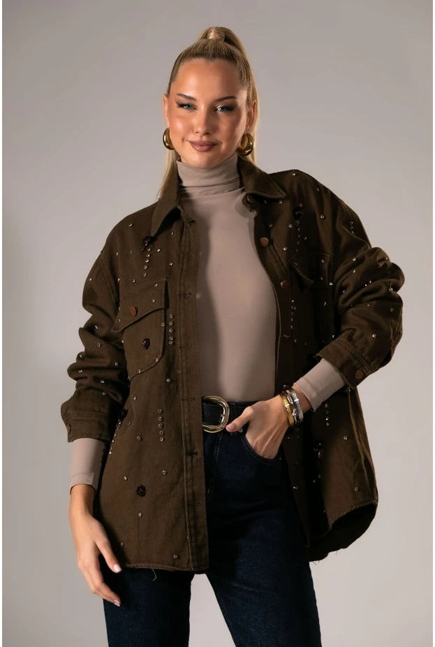 Jean jacket με στρας καφέ