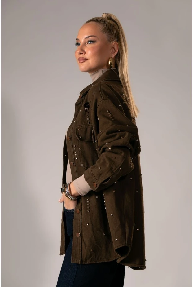 Jean jacket με στρας καφέ