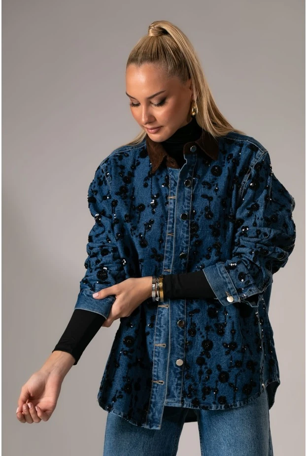 Jean jacket με καφέ γιακά και σχέδια παγιέτας μπλε
