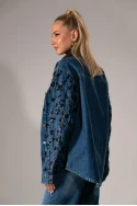 Jean jacket με καφέ γιακά και σχέδια παγιέτας μπλε