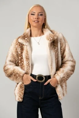 Jacket γούνινο animal print μπεζ
