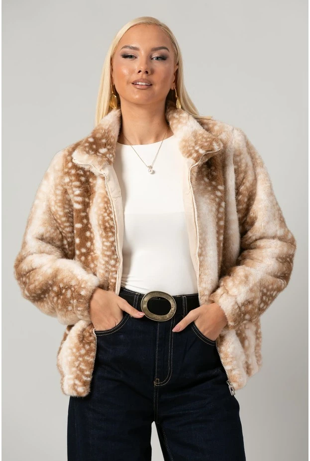 Jacket γούνινο animal print μπεζ
