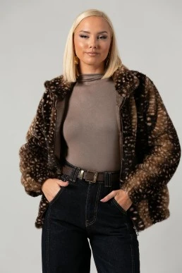 Jacket γούνινο animal print καφέ