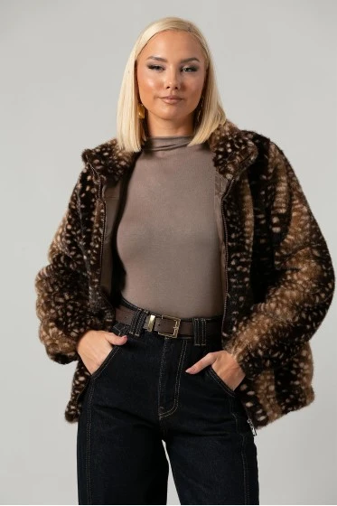 Jacket γούνινο animal print μπεζ