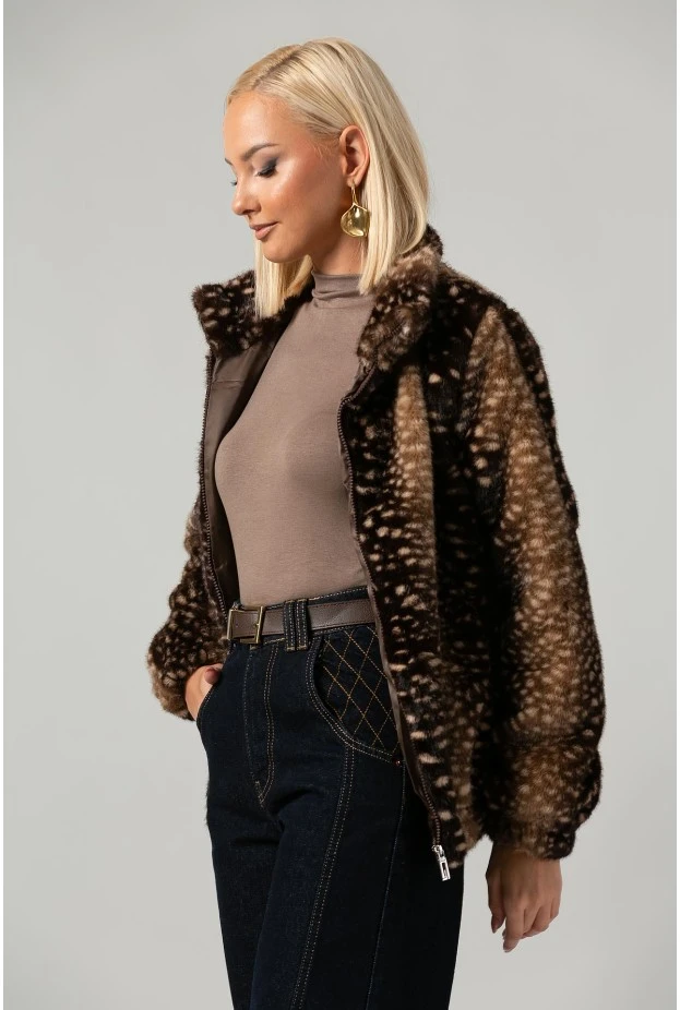 Jacket γούνινο animal print καφέ