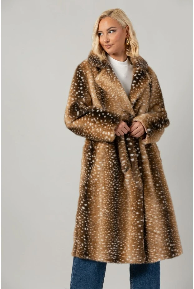 Γούνα μακριά με ζώνη animal print καφέ