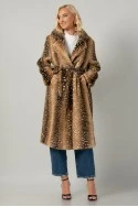 Γούνα μακριά με ζώνη animal print καφέ