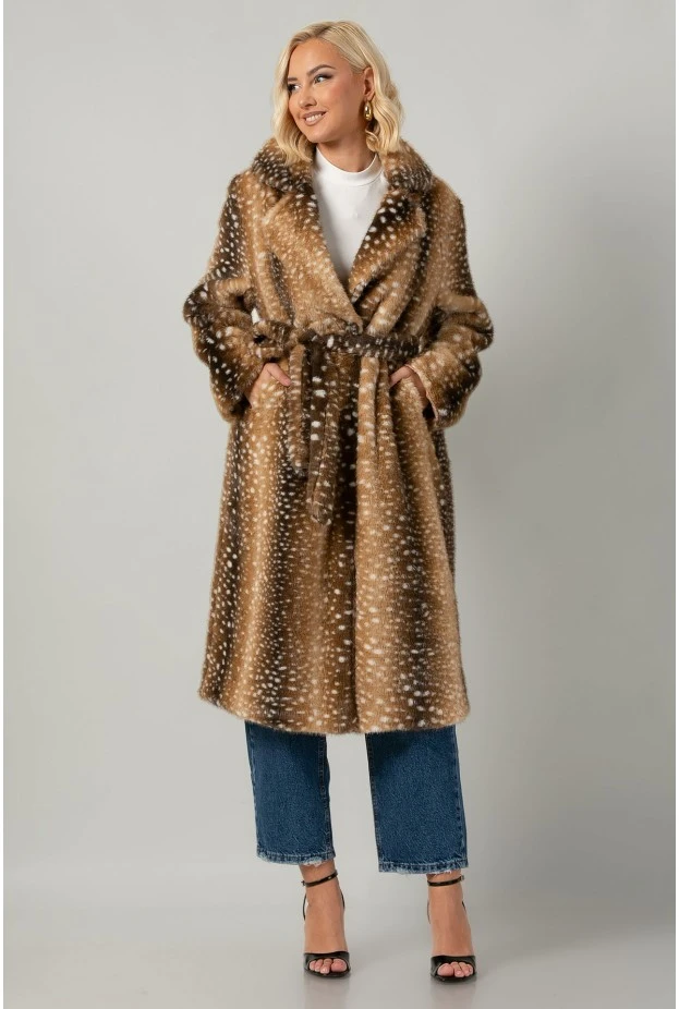 Γούνα μακριά με ζώνη animal print καφέ