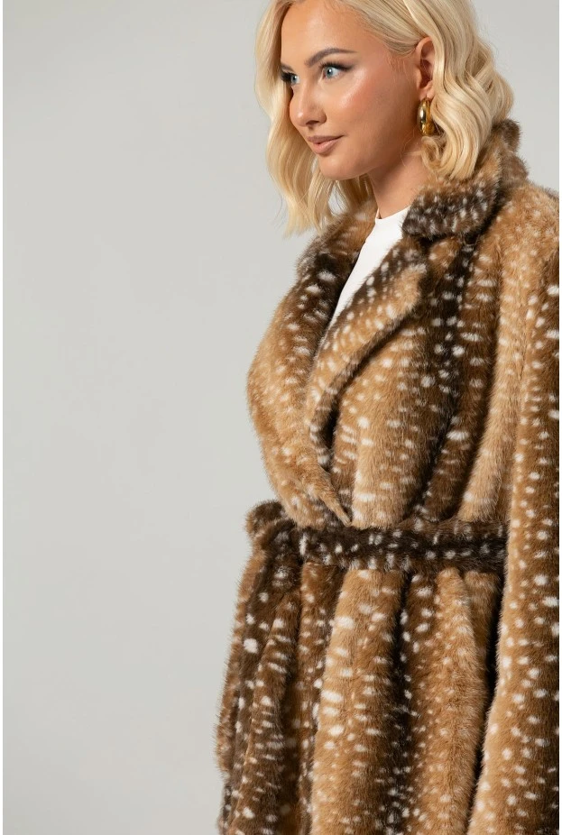 Γούνα μακριά με ζώνη animal print καφέ