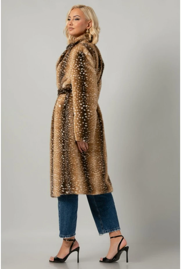 Γούνα μακριά με ζώνη animal print καφέ