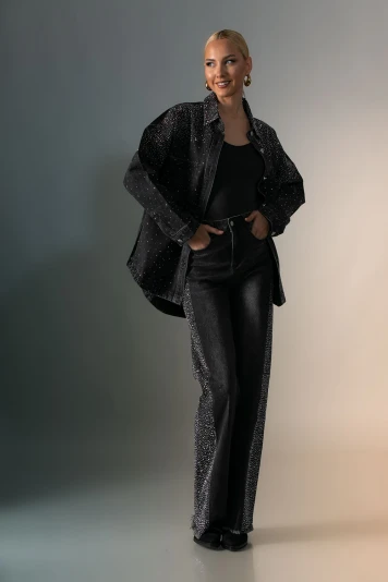 Oversized Jean jacket με στρας μαύρο