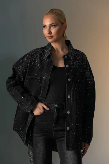 Oversized Jean jacket με στρας μαύρο