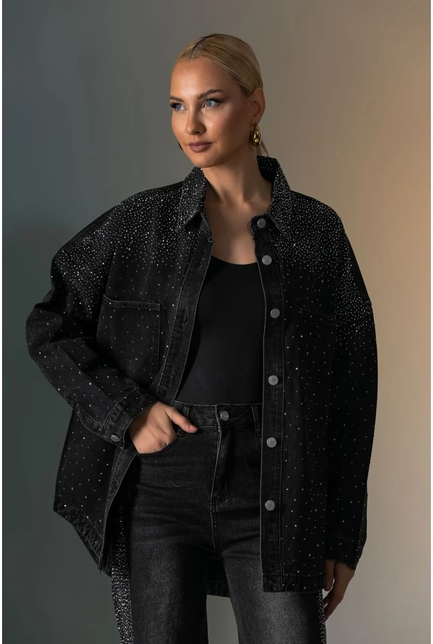 Oversized Jean jacket με στρας μαύρο