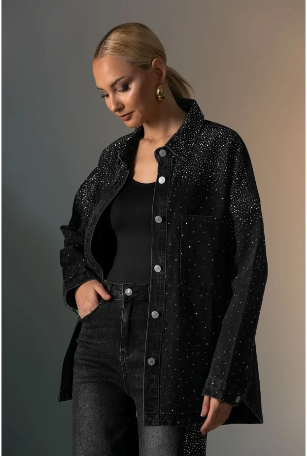Oversized Jean jacket με στρας μαύρο