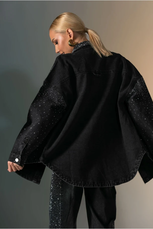 Oversized Jean jacket με στρας μαύρο Oversized Jean jacket με στρας μαύρο