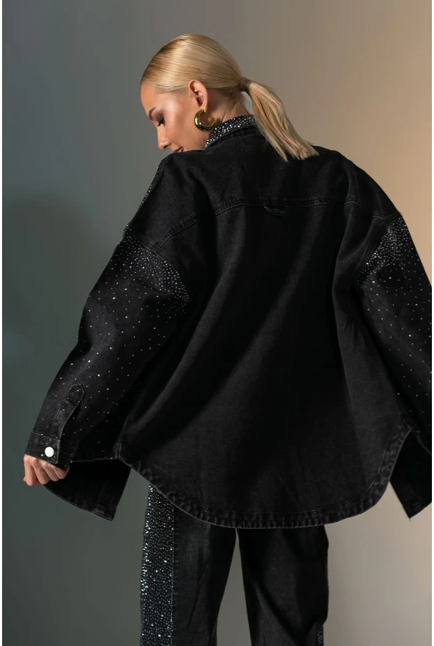 Oversized Jean jacket με στρας μαύρο