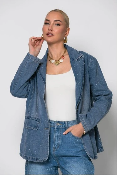 Jean blazer με σχέδια ραφές και στρας μπλε ανοιχτό