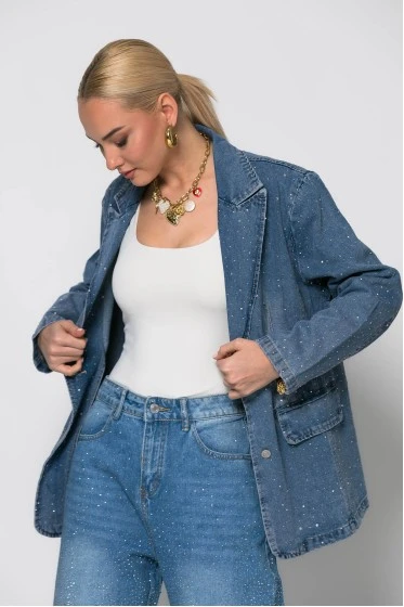Jean blazer με σχέδια ραφές και στρας μπλε ανοιχτό