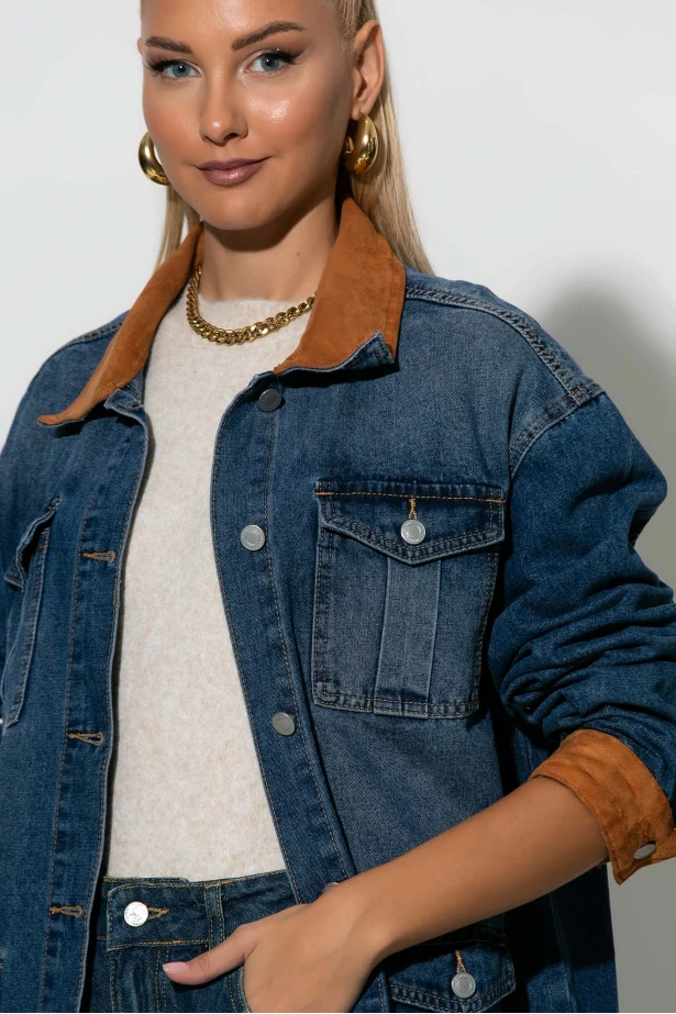 Jean jacket με σουέντ λεπτομέρειες μπλε 