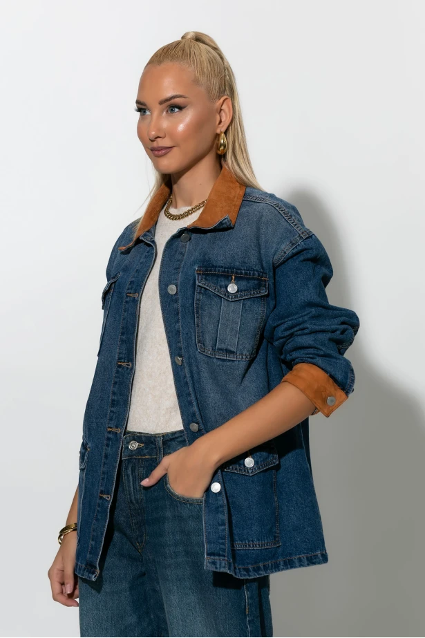 Jean jacket με σουέντ λεπτομέρειες μπλε 