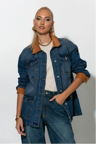 Jean jacket με σουέντ λεπτομέρειες μπλε ντένιμ