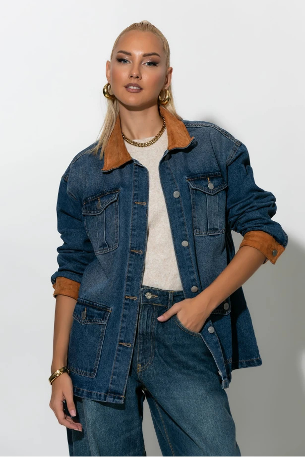 Jean jacket με σουέντ λεπτομέρειες μπλε 