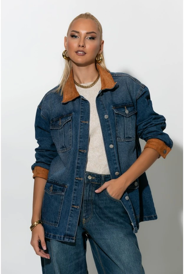 Jean jacket με σουέντ λεπτομέρειες μπλε