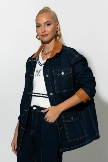 Jean jacket με σουέντ λεπτομέρειες μπλε ντένιμ