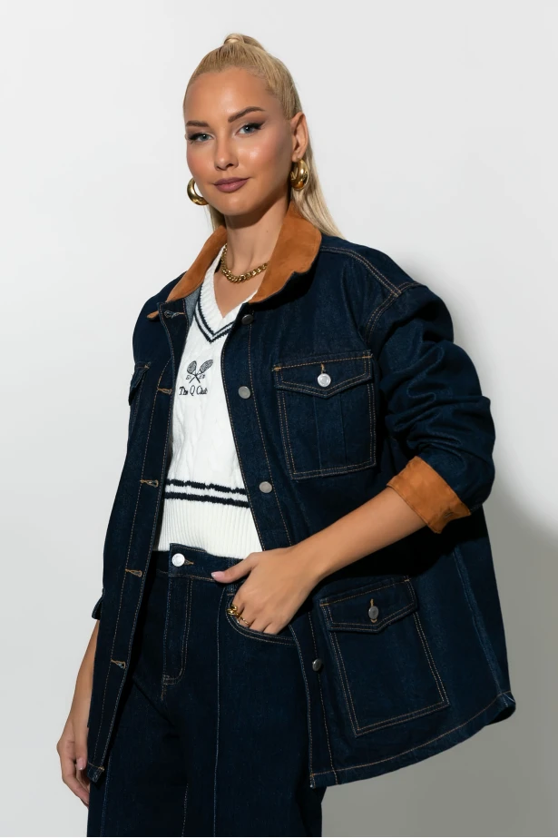 Jean jacket με σουέντ λεπτομέρειες μπλε ντένιμ