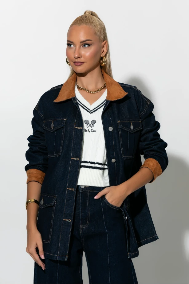 Jean jacket με σουέντ λεπτομέρειες μπλε ντένιμ