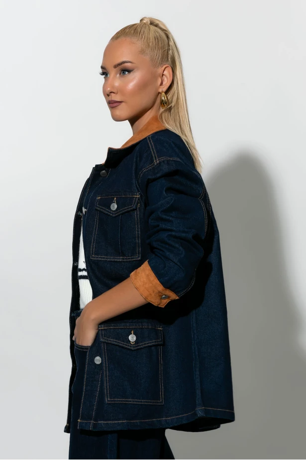 Jean jacket με σουέντ λεπτομέρειες μπλε ντένιμ