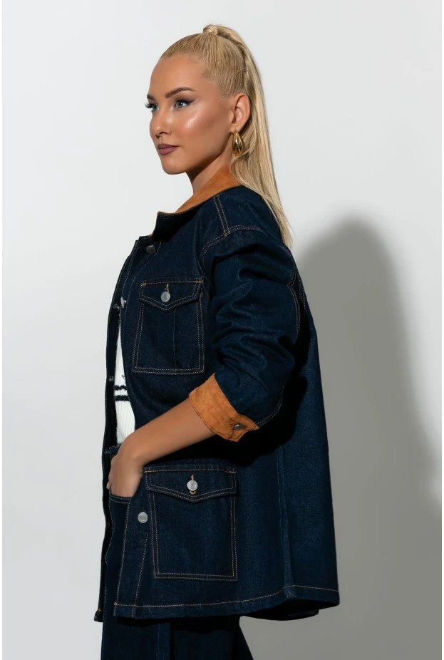 Jean jacket με σουέντ λεπτομέρειες μπλε ντένιμ