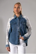 Jean jacket με κέντημα στα μανίκια μπλε