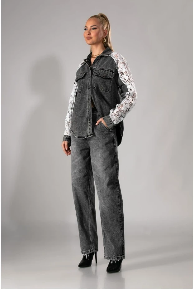 Jean jacket με κέντημα στα μανίκια γκρι