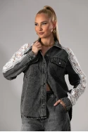 Jean jacket με κέντημα στα μανίκια γκρι