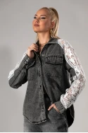Jean jacket με κέντημα στα μανίκια γκρι
