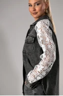 Jean jacket με κέντημα στα μανίκια γκρι