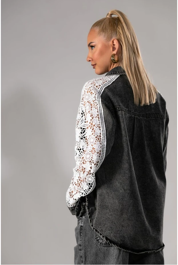 Jean jacket με κέντημα στα μανίκια γκρι