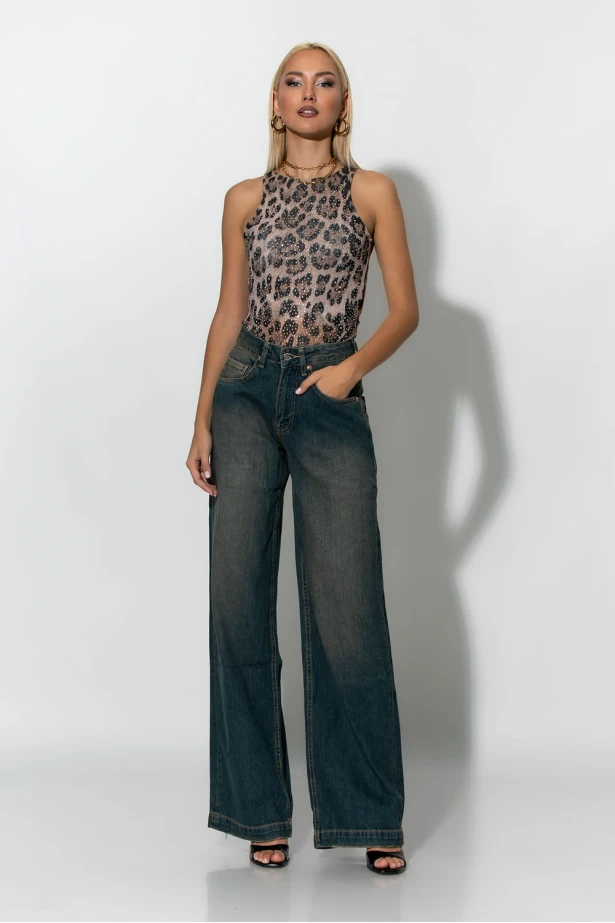 Kορμάκι τούλινο leopard print με στρας μπεζ