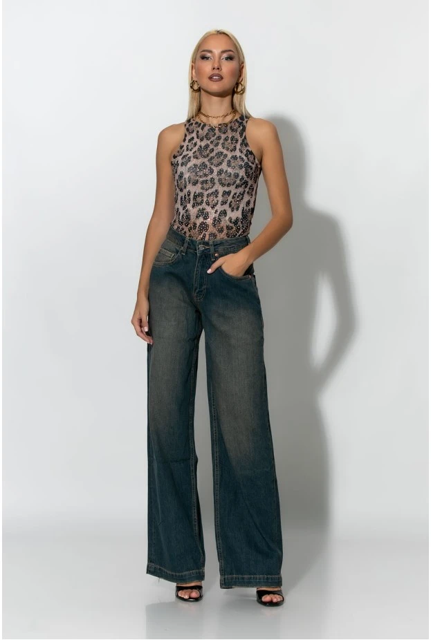 Kορμάκι τούλινο leopard print με στρας μπεζ