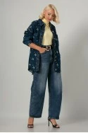 Jean jacket με τσέπες και κεντητά λουλούδια μπλε σκούρο