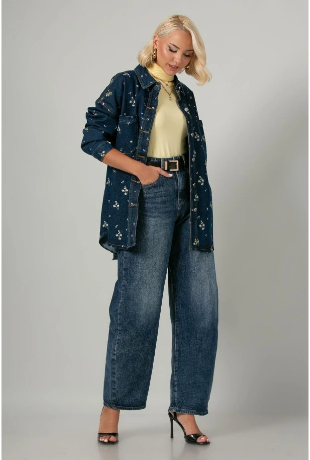 Jean jacket με τσέπες και κεντητά λουλούδια μπλε σκούρο