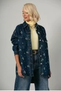 Jean jacket με τσέπες και κεντητά λουλούδια μπλε σκούρο