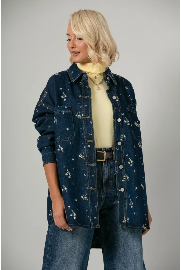 Jean jacket με τσέπες και κεντητά λουλούδια μπλε σκούρο