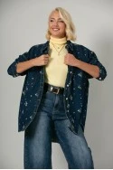 Jean jacket με τσέπες και κεντητά λουλούδια μπλε σκούρο