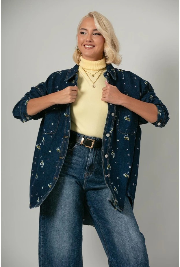 Jean jacket με τσέπες και κεντητά λουλούδια μπλε σκούρο
